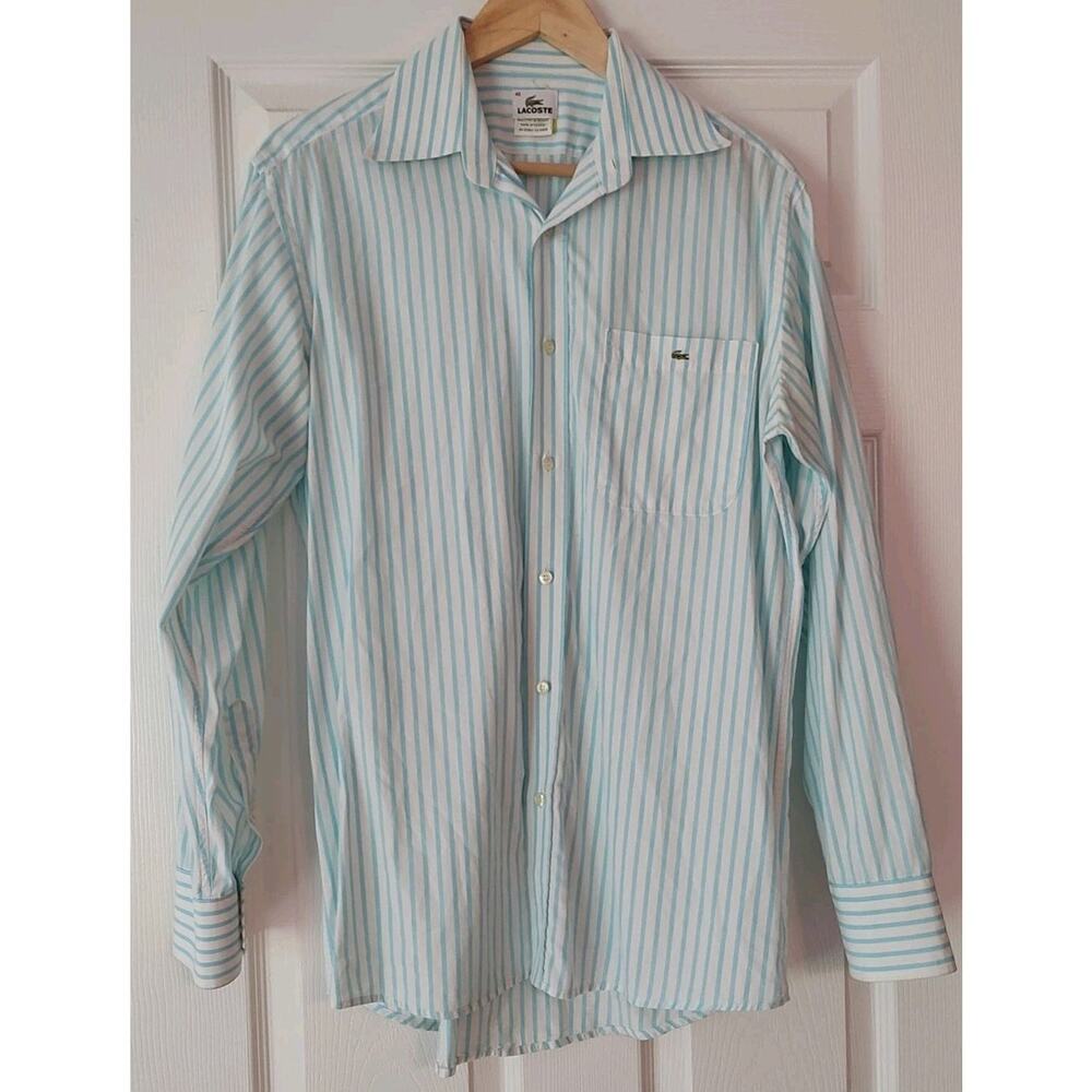 Men's Lacoste Stripped Teal Long Sleeve Button Down Shirt - 40 Medium